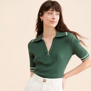 Small Anthropologie varley napier fitted knit polo sweater green white zipper